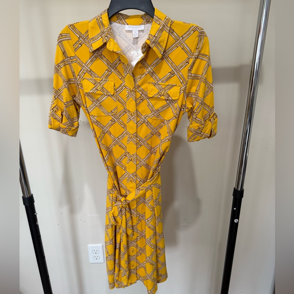 Charter Club Yellow Midi Dress with brown, tan & white diamond pattern